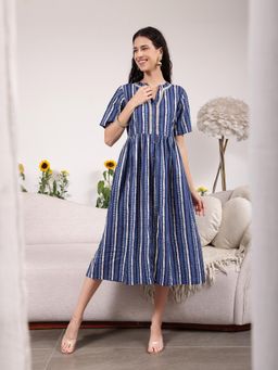 Zelena - Navy Blue Cotton Zipless Maternity and Nursing Dress with Metallic Lace