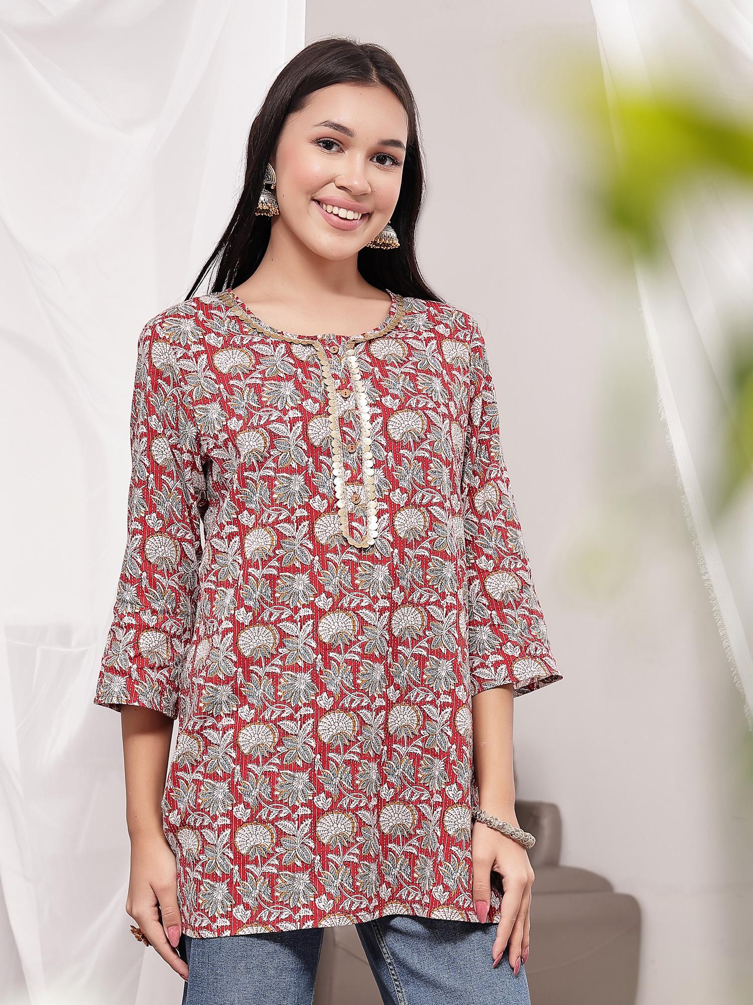 zelena Red Cotton Zipless Maternity Feeding Top - Embroidered Neck-picture-17