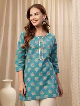 Zelena - Teal Cotton Zipless Maternity Feeding Top - Embroidered Neck