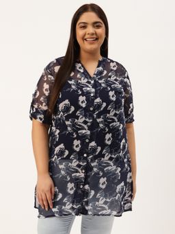 theRebelinme - Womens Navy Blue andOff White Floral Printed Longline Shirt