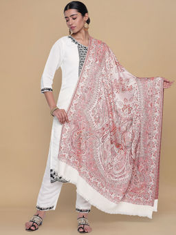Zamour - Jamawar Jacquard Paisley Woven Soft Shawl For Women-White