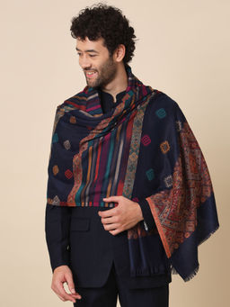 Zamour - Jacquard Kullu Soft Woven Shawl For Men-Navy Blue