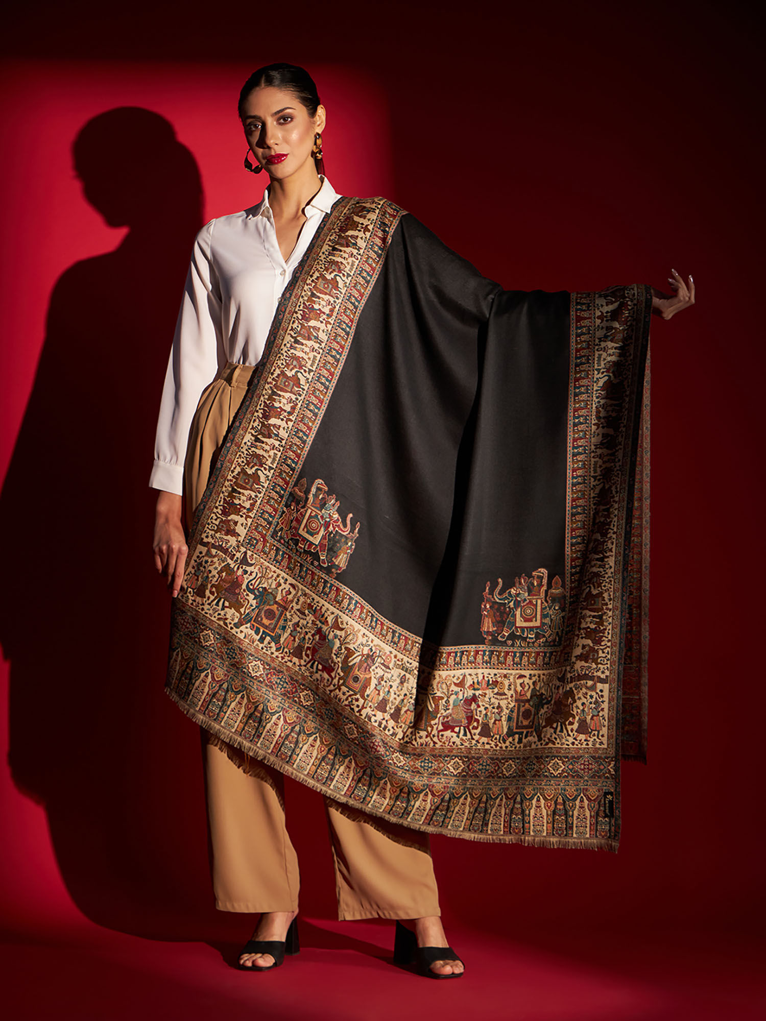 zamour Womens Mughal Kashmiri Royal Woven Shawl-Black-picture-38