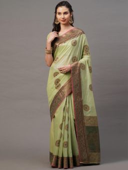 Akhilam - Green Festive Silk Blend Woven Design Saree with Unstitched