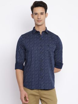 Cantabil - Spread Collar Printed Casual Navy Blue Shirt