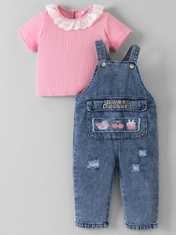 Hopscotch - Animal Embroidery Denim Dungaree with T-Shirt Blue