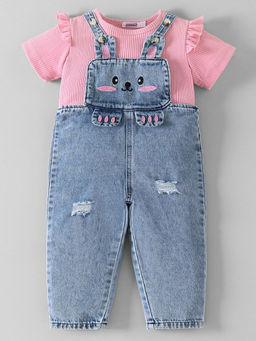 Hopscotch - Animal Applique Denim Dungaree with T-Shirt Blue