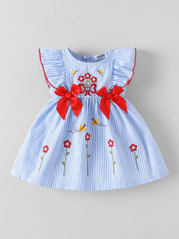 Hopscotch - Floral Embroidered Striped Cotton Dress Blue