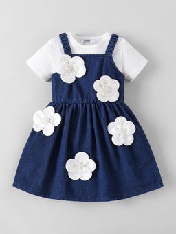 Hopscotch - Floral Applique Denim Dress with T-Shirt Blue