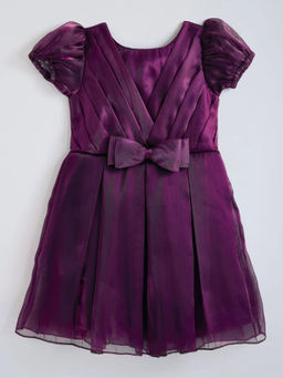 Hopscotch - Bow Applique Puff Sleeves Dress Purple