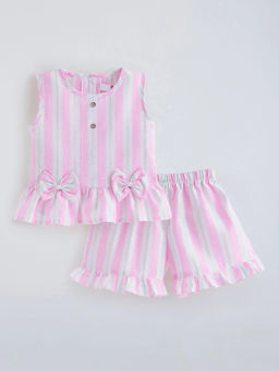 Hopscotch - Bow Applique Striped Short with Top Pink