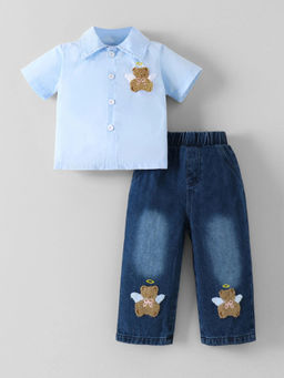 Hopscotch - Teddy Applique Shirt and Denim Jeans Blue