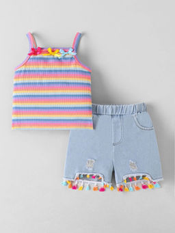 Hopscotch - Bow Applique Striped Short with Top Multi-Color