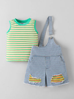 Hopscotch - Striped Top and Dungaree Green
