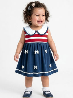 Hopscotch - Bow Applique Casual Dress Navy Blue