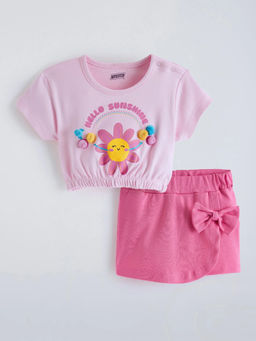 Hopscotch - Floral Pom Pom Applique Short With Top Pink