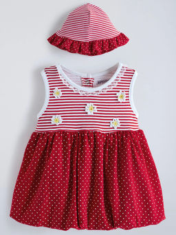 Hopscotch - Floral Applique Striped Dress Red