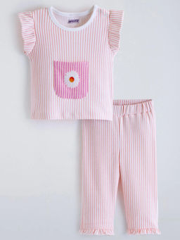 Hopscotch - Striped Floral Patch Work Pant With Pink Pink
