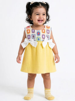 Hopscotch - Bow Applique Textured Dress Yellow