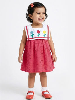 Hopscotch - Floral Schiffli Cotton Dress Red
