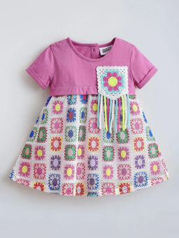 Hopscotch - Crochet Applique Cotton Casual Dress Pink