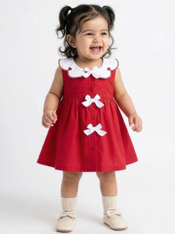 Hopscotch - Bow Applique Cotton Dress Red