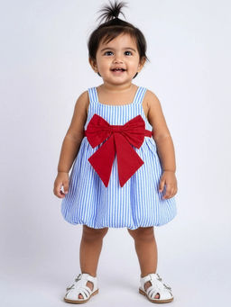 Hopscotch - Bow Applique Striped Cotton Dress Blue