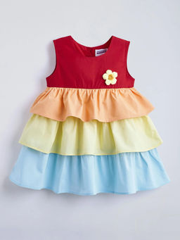 Hopscotch - Colorblock Floral Applique Cotton Dress Multi-Color