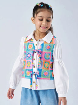 Hopscotch - Gathered Sleeve Shirt With Floral Waistcoat White