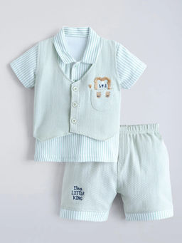Hopscotch - Lion Embroidered Shirt With Waistcoat & Pant Green