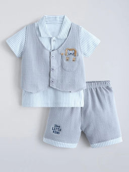 Hopscotch - Lion Embroidered Shirt With Waistcoat & Pant Grey