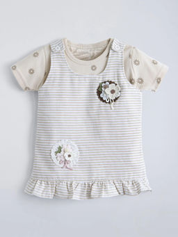 Hopscotch - Floral Embroidered Striped Dress With T-Shirt Grey