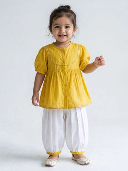 Hopscotch - Girls Yellow Stripes Kurti With Salwar