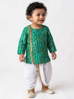 Hopscotch - Boys Green Bandhani Embellished Kurta With Dhoti