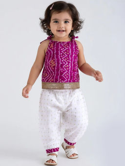 Hopscotch - Girls Pink Bandhani Embellished Kurta With Salwar