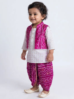 Hopscotch - Boys Kurta With Pink Bandhani Waistcoat And Dhoti Pants