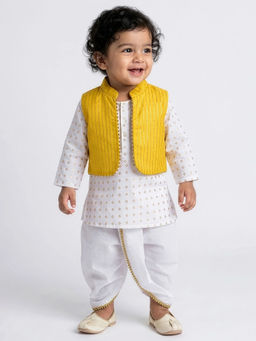 Hopscotch - Boys Kurta With Yellow Waistcoat And Dhoti