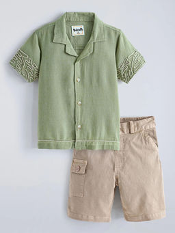 Hopscotch - Embroidery Collared Cotton Short With Shirt