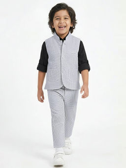 Hopscotch - Textured Collared Cotton Shirt With Waistcoat & Pant Grey
