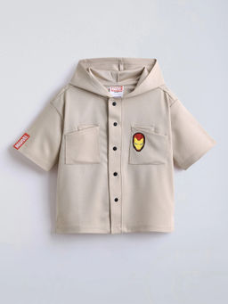Hopscotch - Iron Man Applique Hooded Shirt Beige