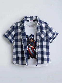 Hopscotch - Cotton Captain America T-Shirt With Checkered Shirt Blue