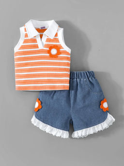Hopscotch - Striped Top And Floral Applique Shorts Orange