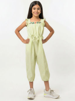 Hopscotch - Floral Embroidery Striped Jumpsuit Green