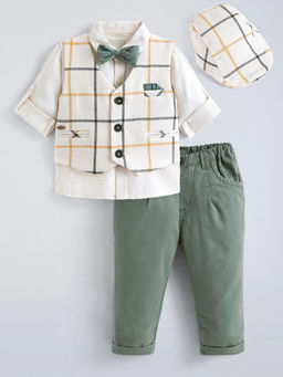 Hopscotch - Striped Pure Cotton Shirt With Waistcoat & Pant Cream