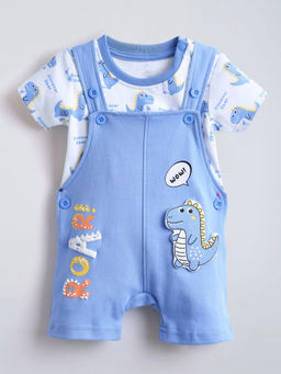 Hopscotch - Cotton Animal Print Dungaree With T-Shirt Blue