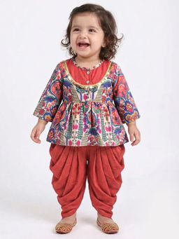 Hopscotch - Floral Lace Cotton Dhoti With Kurta Red