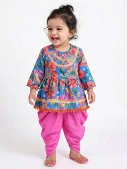 Hopscotch - Lace Floral Cotton Dhoti Kurta Set Blue