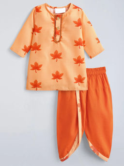 Hopscotch - Lace Cotton Leaf Dhoti With Kurta Orange