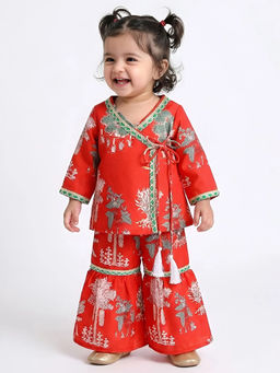 Hopscotch - Lace Trim Tropical Sharara With Kurti Red