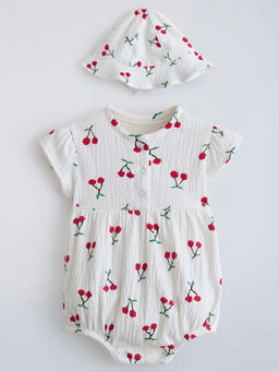 Hopscotch - Cotton Textured Cherry Onesie With Hat Off White